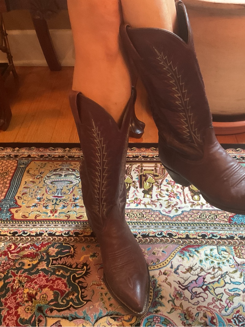 Tony Lama Burgundy Leather Western Boots with Decorative Stitching - Picture 3 of 11